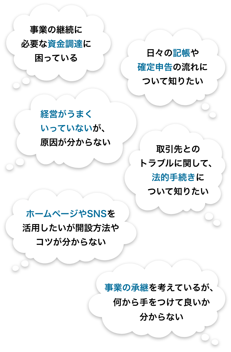 事業の継続に必要な資金調達に困っている、経営がうまくいっていないが、原因が分からない、日々の記帳や確定申告の流れについて知りたい、ホームページやSNSを活用したいが開設方法やコツが分からない、取引先とのトラブルに関して、法的手続きについて知りたい、事業の承継を考えているが、何から手をつけて良いか分からない